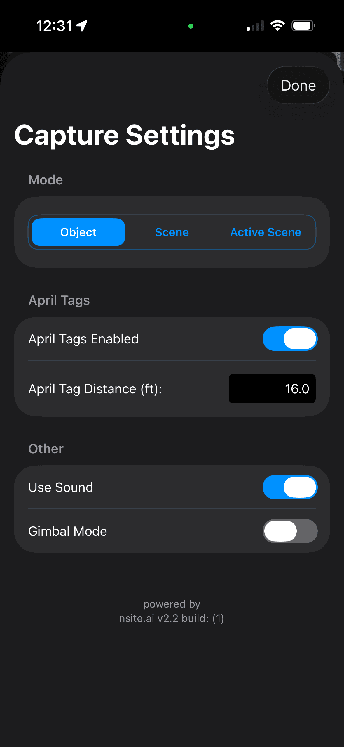 Object capture mode settings